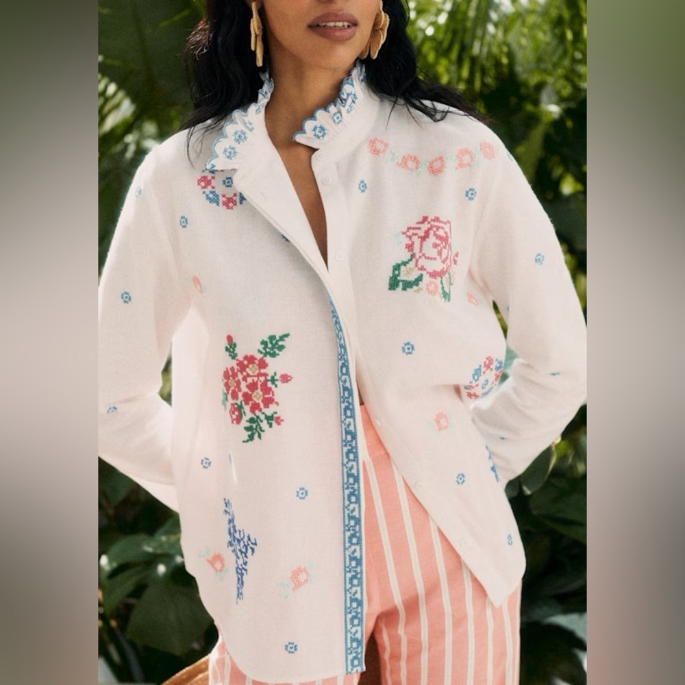 Sézane x Andion embroidered riny button down top blouse sz US 6 - Picture 3 of 7